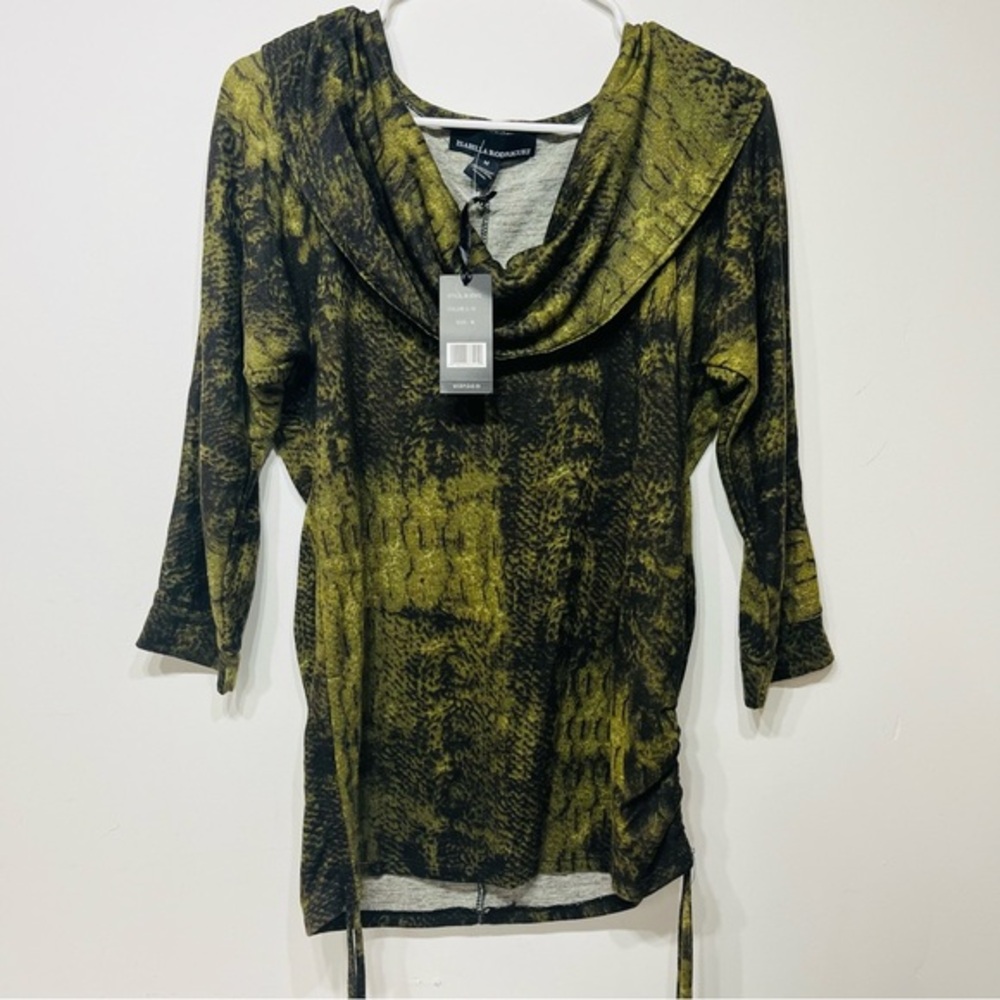 Isabella Rodriguez Olive Black Animal Print Cowl Neck Blouse Medium
